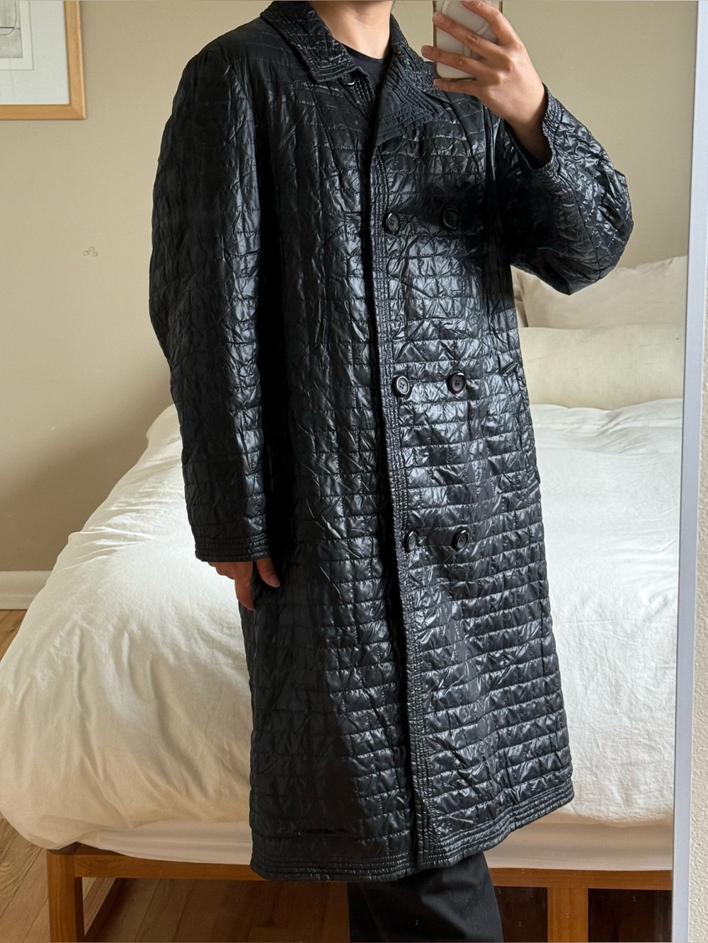 Lightweight 1960s Vintage Black Long Puffy Coat
